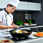 A professional, fully clothed chef in a modern kitchen preparing Bibimbap, safe for work, perfect anatomy, natural proportions, high quality.