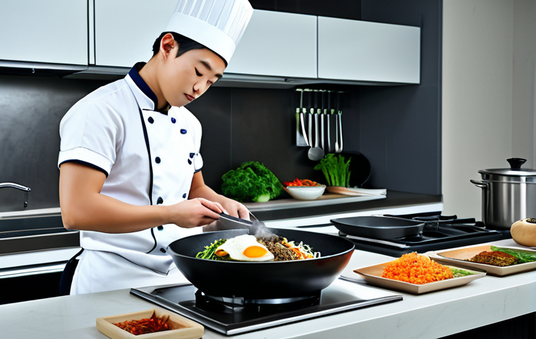 A professional, fully clothed chef in a modern kitchen preparing Bibimbap, safe for work, perfect anatomy, natural proportions, high quality.
